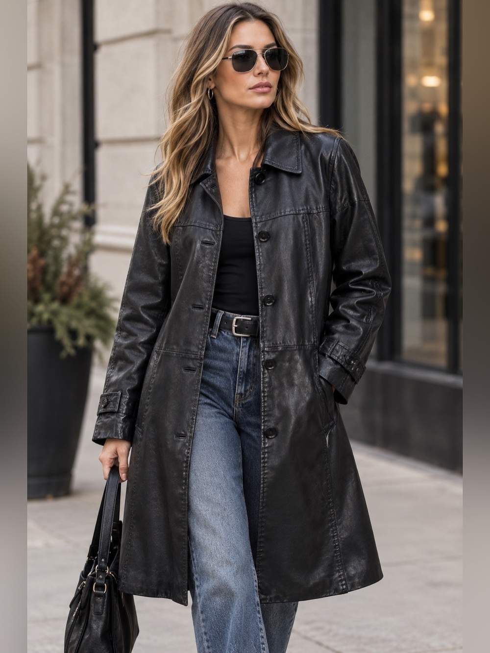 Stunning Long Danier Leather coat size XL - Black